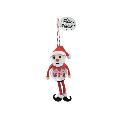 Boneco de Natal em tecido de Papai Noel com etiqueta Feliz Natal
