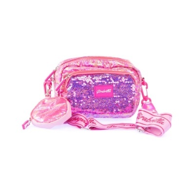 Mala rosa brilhante com lantejoulas e alça com texto Grabrilla