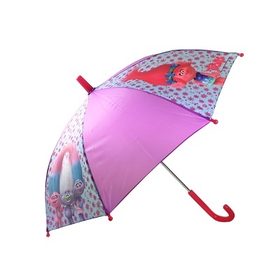 Guarda-chuva infantil lilás e azul com padrão de flores e personagens de desenhos animados