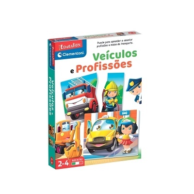 Caixa colorida de puzzle 'Veículos e Profissões' para crianças, marca Clementoni