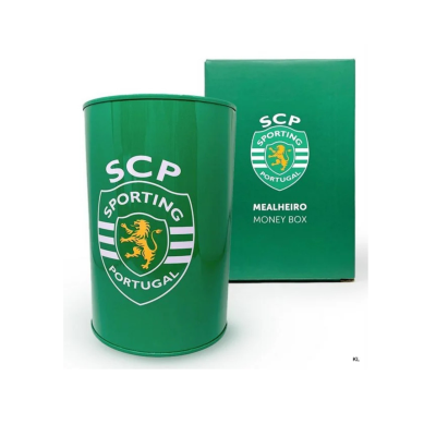 Mealheiro verde com emblema do Sporting Portugal e embalagem verde com texto