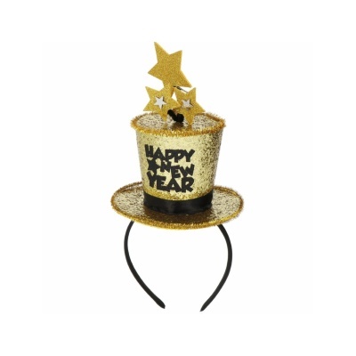 Tiara com chapéu dourado e estrelas com texto HAPPY NEW YEAR
