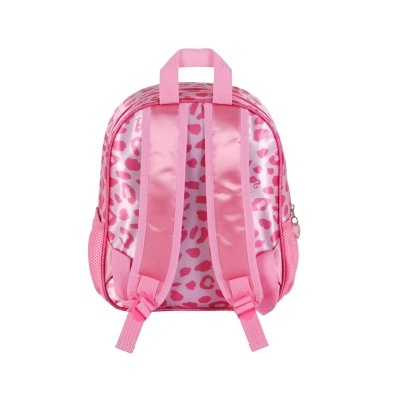 Mochila infantil rosa com padrão de manchas e alças acolchoadas