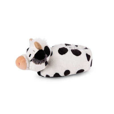 Pantufa peluche branca com manchas pretas e design de vaca