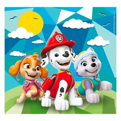 Bonecos de pelúcia de cães da série animada com fundo colorido do céu e nuvens