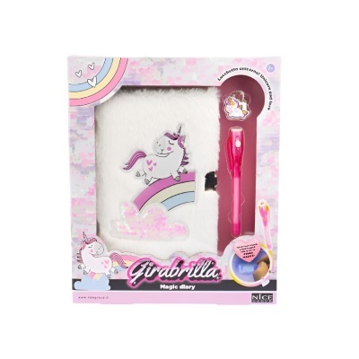 Diário mágico com capa branca peluda e unicórnio, caneta rosa, embalagem rosa