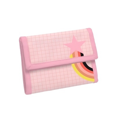 Carteira cor-de-rosa com padrão de grade, estrela e arco-íris