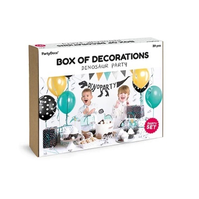 Caixa de decorações para festa tema dinossauro com balões coloridos e decoração para mesa