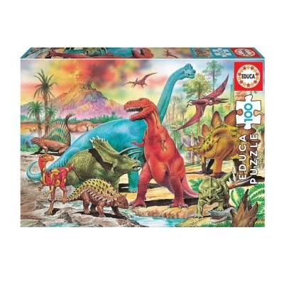 Caixa de puzzle com dinossauros coloridos e texto EDUCA PUZZLE