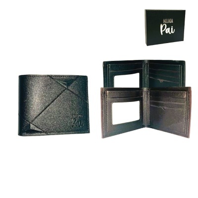 Carteira preta em couro com texto HELLO Pai e caixa preta correspondente