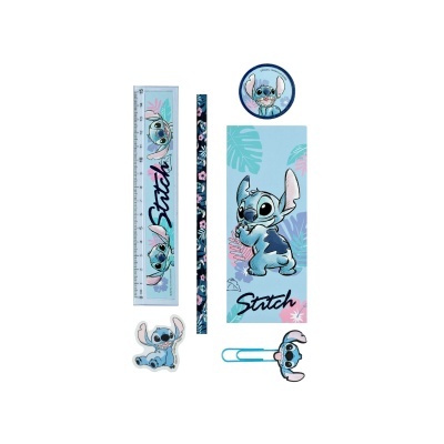 Conjunto de papelaria Stitch azul com régua, lápis, autocolantes e clips de papel