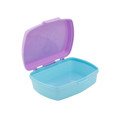 Caixa de plástico azul com tampa roxa aberta