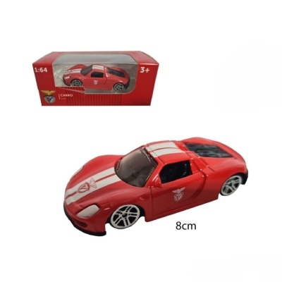 Miniatura de carro vermelho com faixas brancas e embalagem vermelha com janela