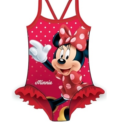 Fato de banho infantil rosa com estampa da Minnie e babado vermelho