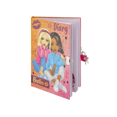 Diário fechado com capa rosa alaranjada e ilustração de duas raparigas, com cadeado e chave rosa