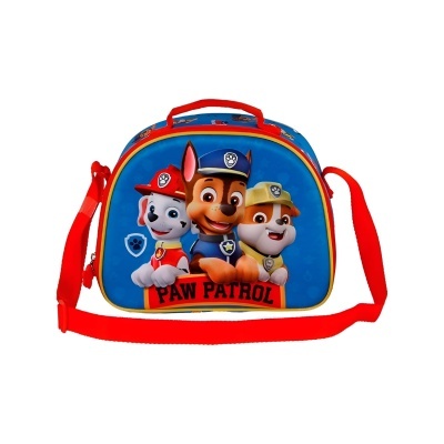 Mala azul com personagens da Patrulha Pata e alças vermelhas