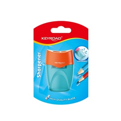 Afiador de lápis azul e laranja Keyroad em embalagem de cartão e plástico