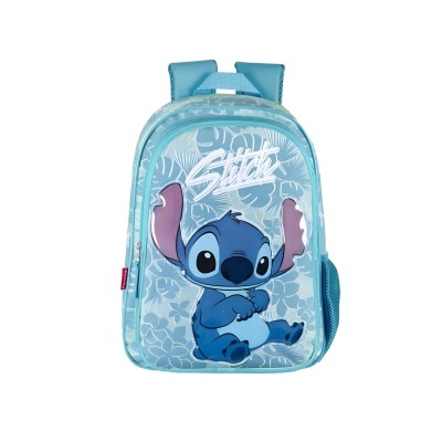 Mochila infantil azul clara com personagem Stitch e padrão floral branco