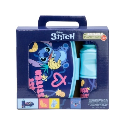 Conjunto estojo e garrafa azul claro Disney Stitch em embalagem azul com janela transparente
