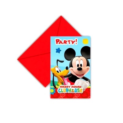 Convite de festa com Mickey Mouse e Pluto e envelope vermelho