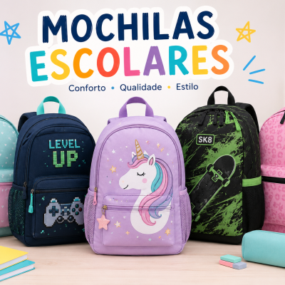 Cinco mochilas escolares coloridas para crianças com diferentes estampas e um fundo com texto