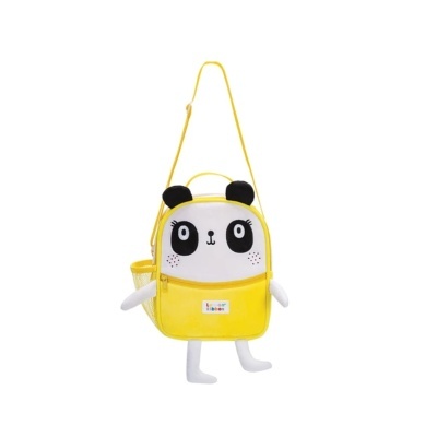 Mochila amarela de criança com estampa de panda e membros brancos