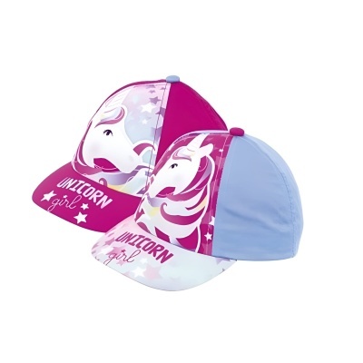 Bonés infantis com unicórnios e texto 'UNICORN girl' em cores rosa, lilás e cinza