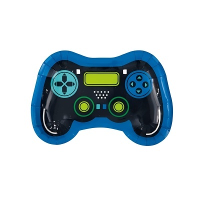 Prato de papel em formato de comando de videojogo preto e azul