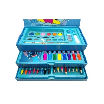 Conjunto de material de arte infantil azul com tintas, lápis, pincel e acessórios com tema Stitch
