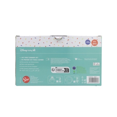 Embalagem de conjunto para primeira refeição Disney Baby, cores verde e branca com texto e selo 0% BPA