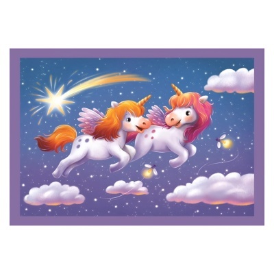 Ilustração colorida de dois unicórnios com asas num céu estrelado com nuvens e um cometa