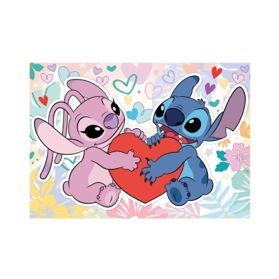 Dois bonecos rosa e azul segurando um coração vermelho com fundo de corações e flores