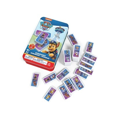 Conjunto de dominó infantil da Patrulha Pata com peças coloridas e estojo metálico.
