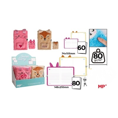 Diário felpudo com capa de gato e raposa em rosa e castanho com páginas interiores