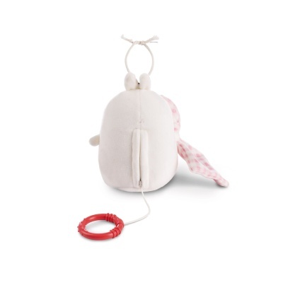 Pelúcia de animal branca e rosa com cordão e argola vermelha