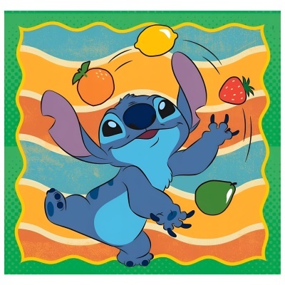 Desenho animado do Stitch a apanhar frutas coloridas em fundo listrado