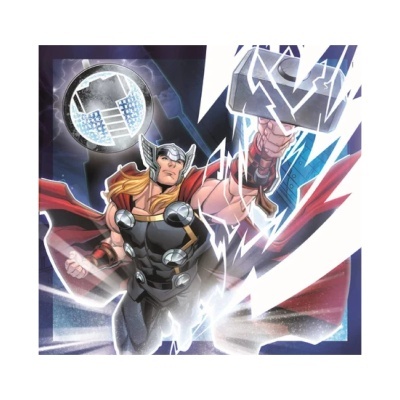 Personagem de banda desenhada com martelo e capa vermelha rodeado por efeitos de relâmpagos