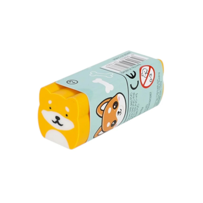 Apontador amarelo em forma de urso com embalagem azul clara e símbolos de segurança