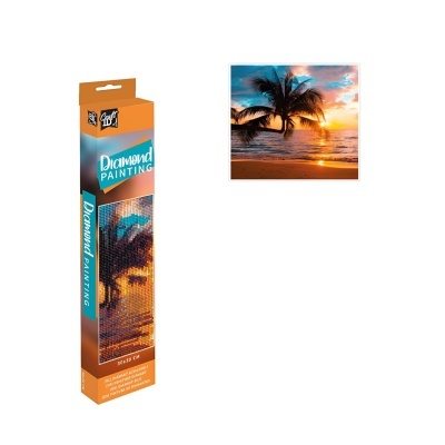 Puzzle de pintura de diamante com imagem de pôr-do-sol na praia com palmeiras.