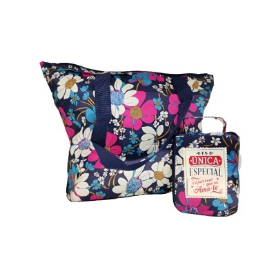 Conjunto de bolsas florais azul escuro rosa branco com texto em português