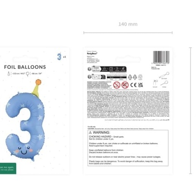 Embalagem de balões em forma do número 3 azul com estrelas e chapéu amarelo