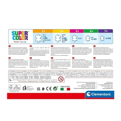 Parte traseira da embalagem do puzzle Clementoni com informações de idades e número de peças