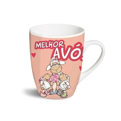 Caneca cor de rosa clara com ilustração de ovelhas e texto MELHOR AVÓ