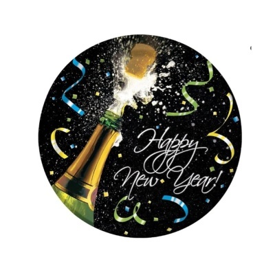 Ilustração de champanhe a estourar com texto 'Happy New Year!' e serpentes coloridas num fundo preto