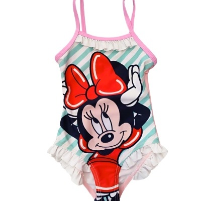 Fato de banho infantil com estampa da Minnie Mouse e folhos brancos