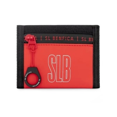 Carteira vermelha e preta em tecido com fecho vermelho e texto SL BENFICA