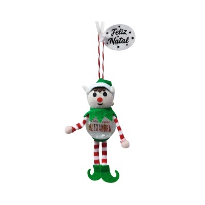 Boneco natalício pendurado com etiqueta 'Feliz Natal!' e nome 'Alexandra'.