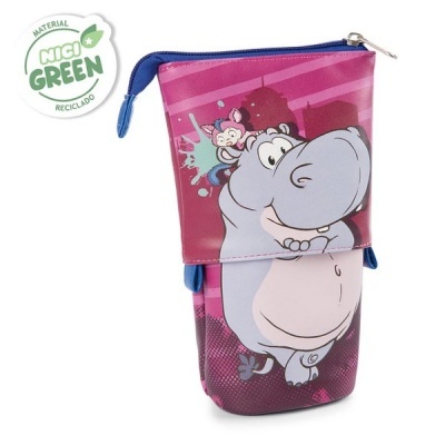 Estojo roxo e rosa com hipopótamo e fecho zip azul
