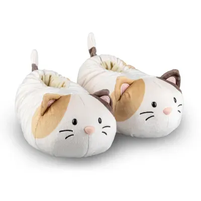 Chinelos de peluche em forma de gato nas cores branco, bege e castanho