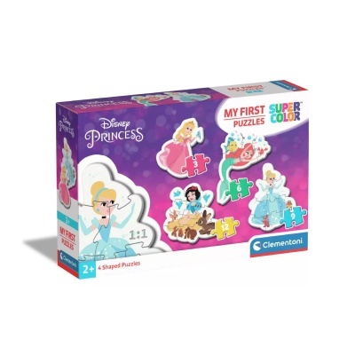 Caixa roxa de puzzle infantil Disney Princess com quatro puzzles coloridos e texto MY FIRST PUZZLES SUPER COLOR
